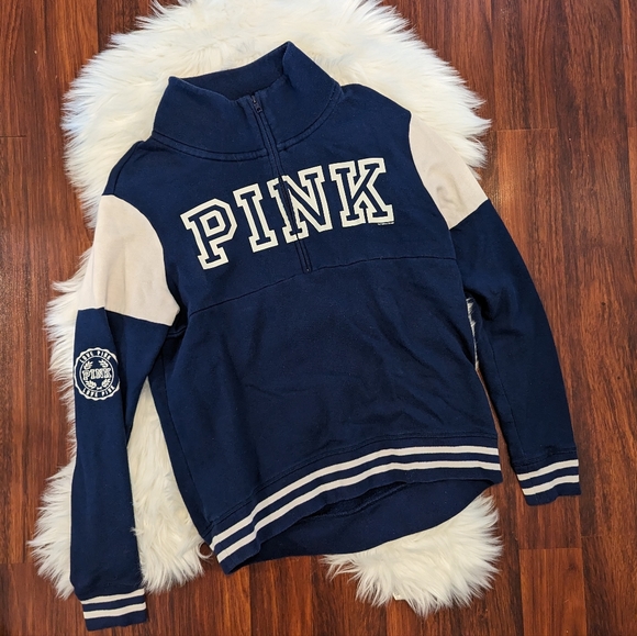 PINK Victoria's Secret Tops - PINK Victoria's Secret Pull Over Partial Zip Sweatshirt Blue and White Stripes